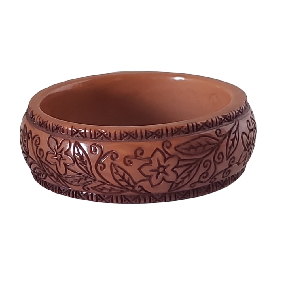 Vintage Boho Hippie Carved Plastic Faux Wooden Bangle Bracelet